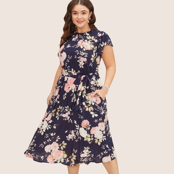 Dresses & Skirts - BloomChic Floral Frill Trim Mock Neck Pocket Ruffle Belted Cap Sleeve Dress